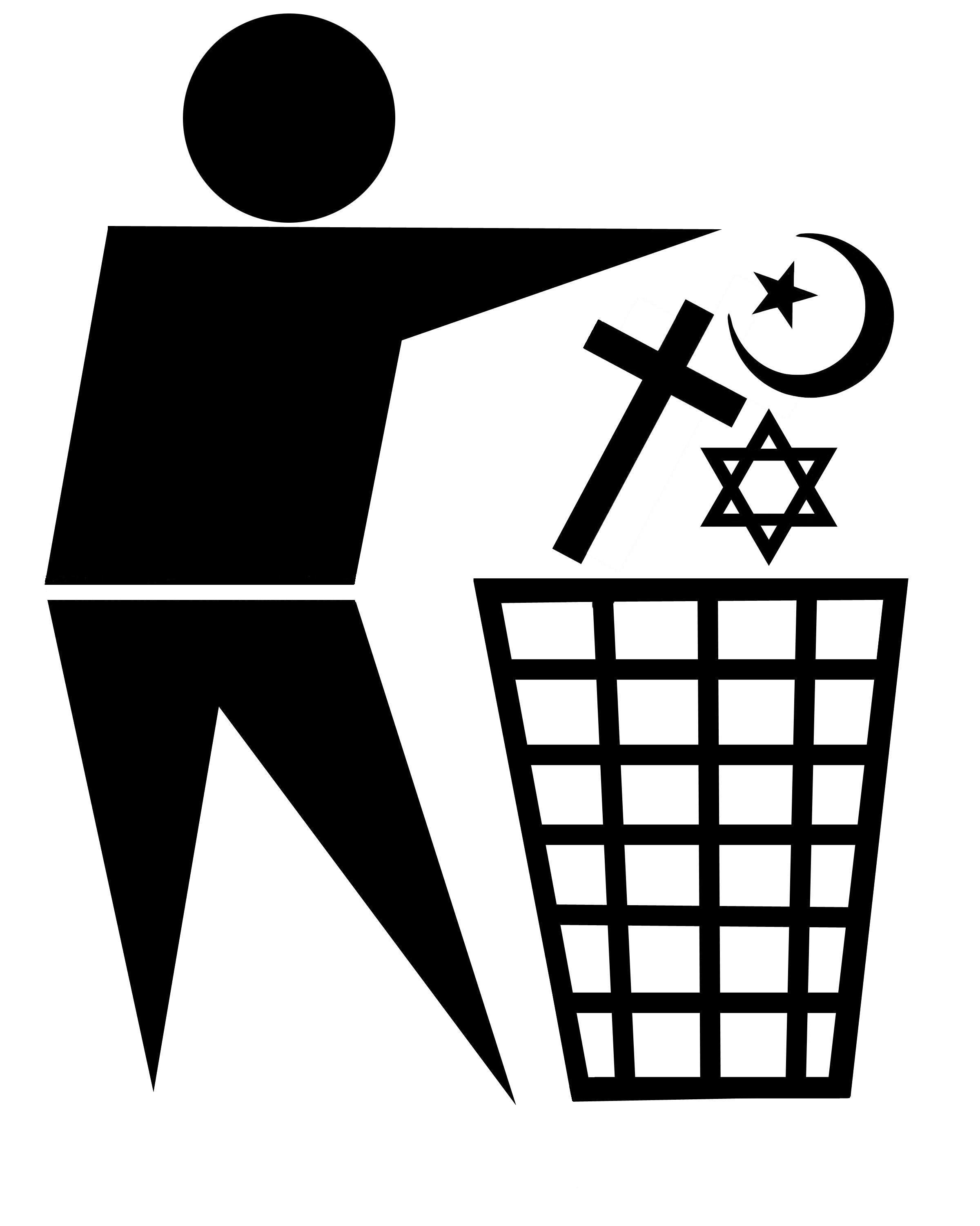 standard waste bin sign with religious symbols being discarded